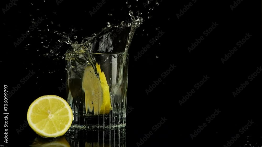 A slice of lemon falls into a glass of water. Slow motion. Isolated on black background.
