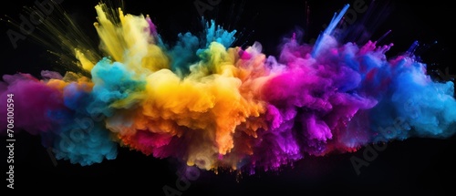 Colorful rainbow paint powder explosion on black background
