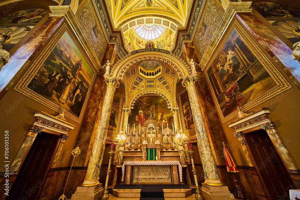 Opulent Church Altar and Marble Columns, Stained Glass Glow