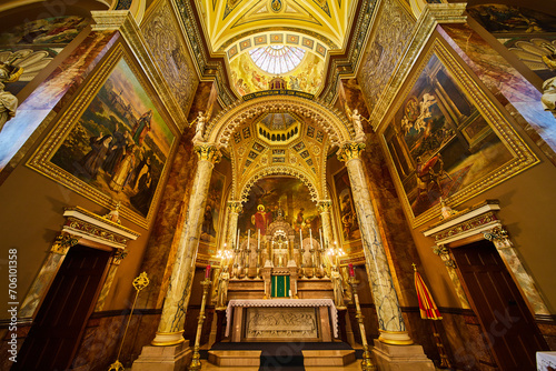 Opulent Church Altar and Marble Columns, Stained Glass Glow