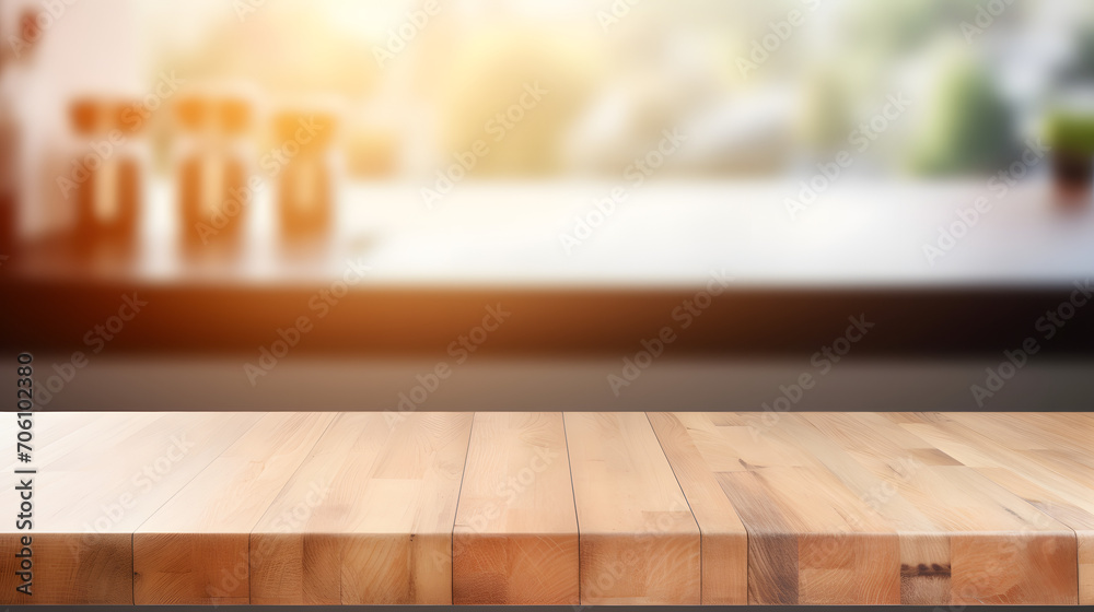 Empty beautiful wood table top counter and blur bokeh modern kitchen interior background in clean and bright,Banner, Ready for product montage. Generative AI illustration Empty beautiful wood table top counter and blur bokeh modern kitchen interior background in clean and bright,Banner, Ready for product montage. Generative AI illustration