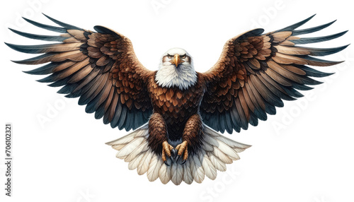Front view of watercolor american bald eagle flying and wings wide spread isolated on transparent background. photo