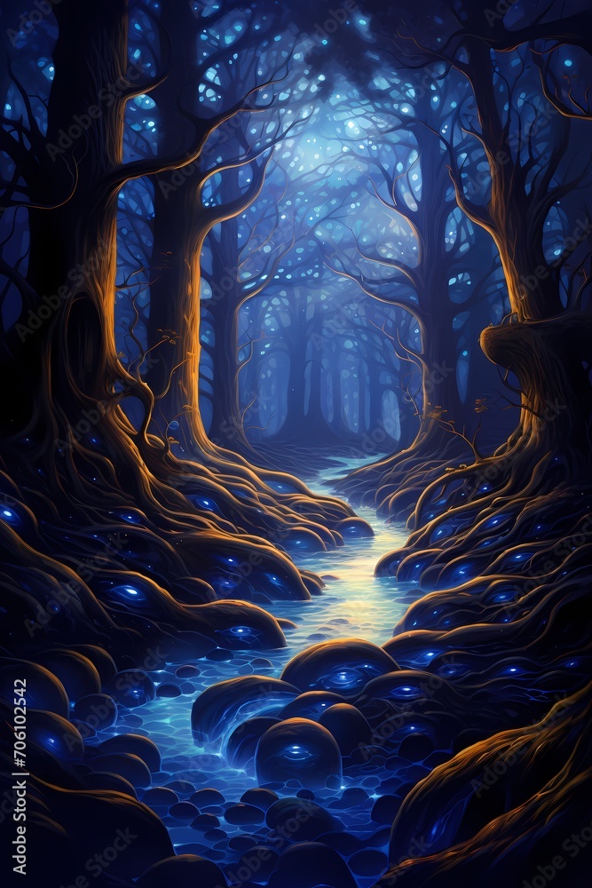 Fototapeta premium Molten ribbons of cobalt and amber intertwining in a seamless flow, capturing the essence of a celestial river of light in a fantastical 3D realm.