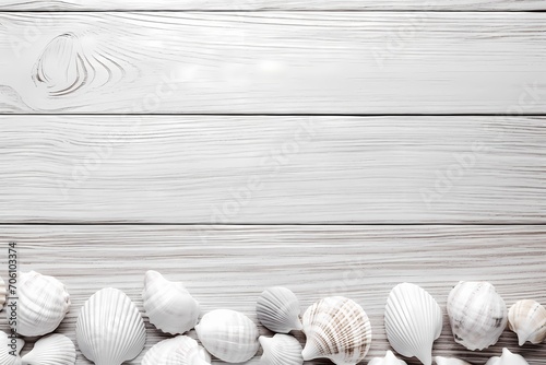 Monochrome seashells arranged on a weathered wooden background, echoing the tranquility of the beach. Minimal background. Flat lay, top view, copy space.