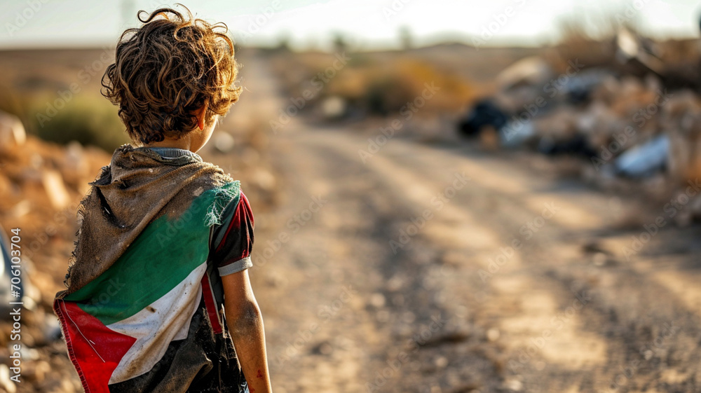 Deserted palestinian kid with flag Deserted palestinian kid with flag