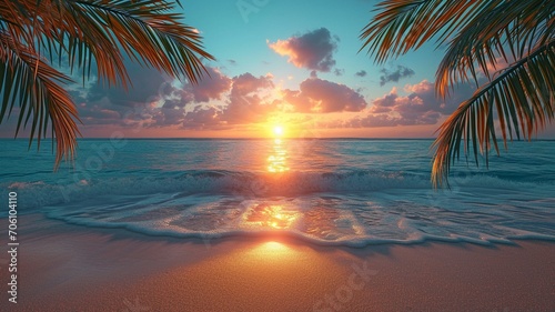 high realism, a palm tree, a tropical beach at dusk. picture of the sea from the beach. stunning, really realistic photo. ..