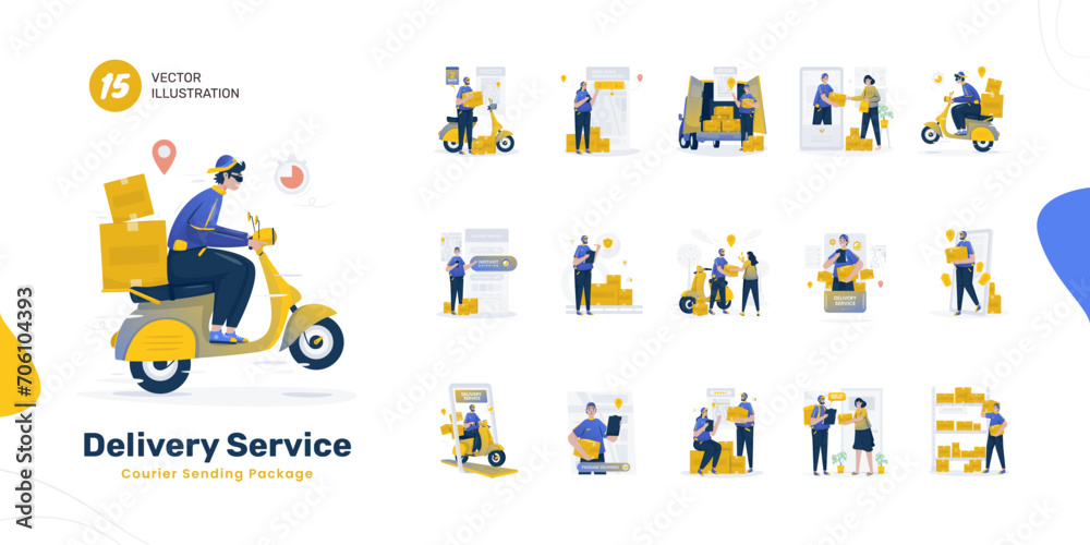 Courier shipping delivery service illustration set