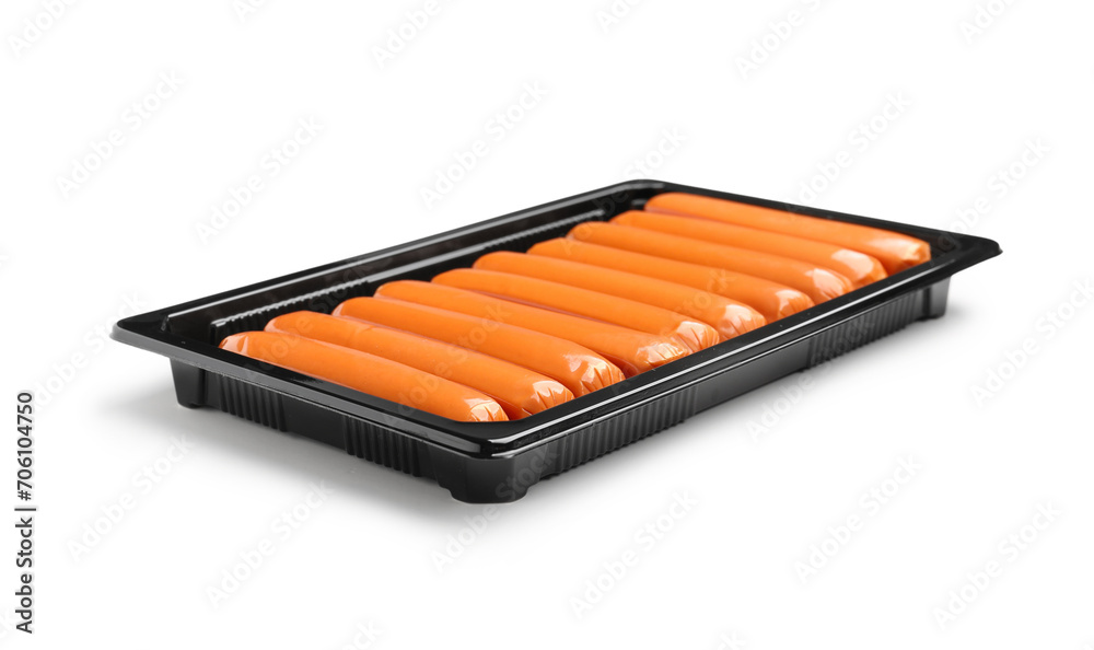 Packing box with tasty sausages on white background Packing box with tasty sausages on white background