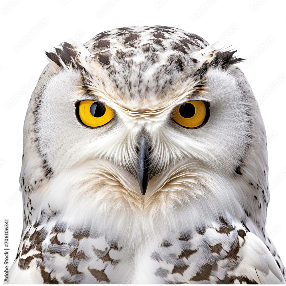 Obraz premium Snowy owl face shot isolated on transparent background