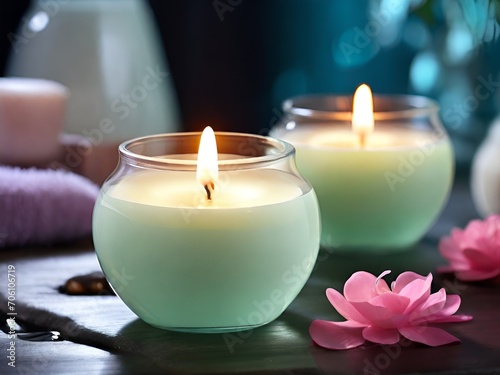 spa still life with candles light green  flowers bath  massage  romantic  nature blurred background Ai generative 