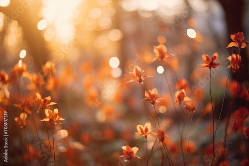 Autumnal Aura  Photograph flowers against a backdrop of fall foliage with warm  autumnal bokeh lights. Photo 