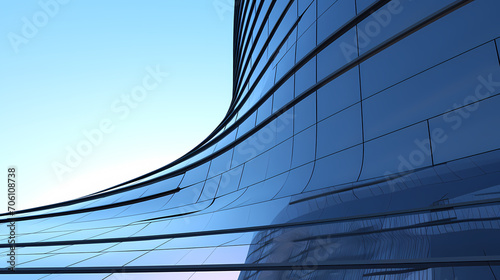 Low angle view of futuristic building, office building skyscraper with curved glass windows, 3D rendering