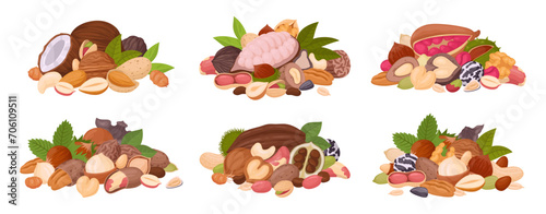 Nuts mix set. Seeds and nuts bunches, raw walnut, macadamia and almond mix, vegetarian diet organic snack flat vector illustration set. Tasty nut mixes