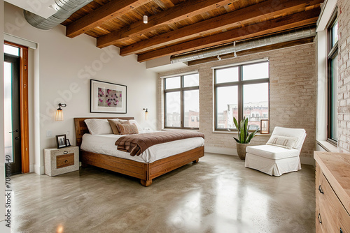 Bedroom with exposed brick and wooden beams. Modern interior design