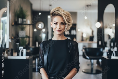 Confident and Skilled Hairstylist Admiring Her Work in a Bright, Mirrored Salon Decorated with Stylish Interiors and Filled with a Sense of Accomplishment and Satisfaction