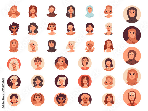 Young women avatars. Beautiful girls portraits, cute stunning women faces, ladies characters flat illustrations set. Female portraits collection