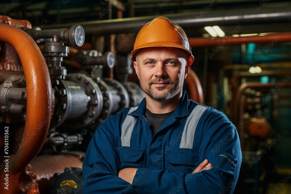 A seasoned compressor operator in his element, surrounded by the industrial beauty of pipes, gauges, and machinery, reflecting the grit and determination of his profession A seasoned compressor operator in his element, surrounded by the industrial beauty of pipes, gauges, and machinery, reflecting the grit and determination of his profession