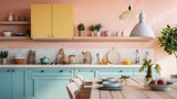 Cozinha planejada com design claro e cores pastéis.