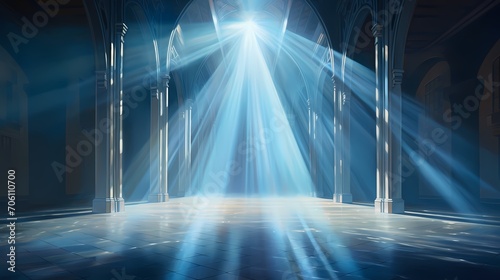 Prismatic rays of light casting shadows on an azure canvas, creating an ethereal atmosphere.