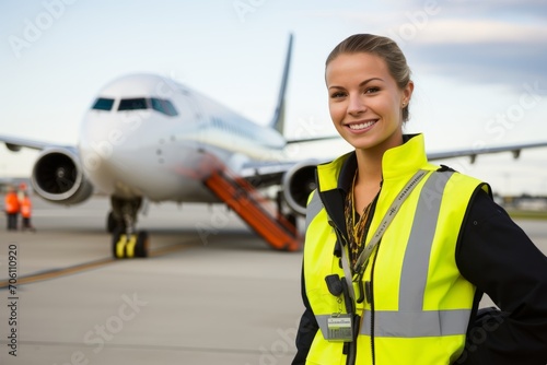 Dedicated Female Ground Support Staff in High-Visibility Vest, Expertly Coordinating Airport Operations Against a Backdrop of Roaring Jet Engines and Bustling Runways
