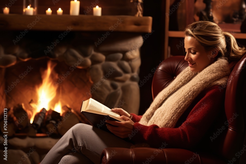 A sophisticated woman in her early thirties, wearing a burgundy crew sweater, sitting on a vintage brown leather chair, reading a book in a cozy living room lit by the warm glow of a fireplace A sophisticated woman in her early thirties, wearing a burgundy crew sweater, sitting on a vintage brown leather chair, reading a book in a cozy living room lit by the warm glow of a fireplace