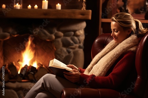 A sophisticated woman in her early thirties, wearing a burgundy crew sweater, sitting on a vintage brown leather chair, reading a book in a cozy living room lit by the warm glow of a fireplace