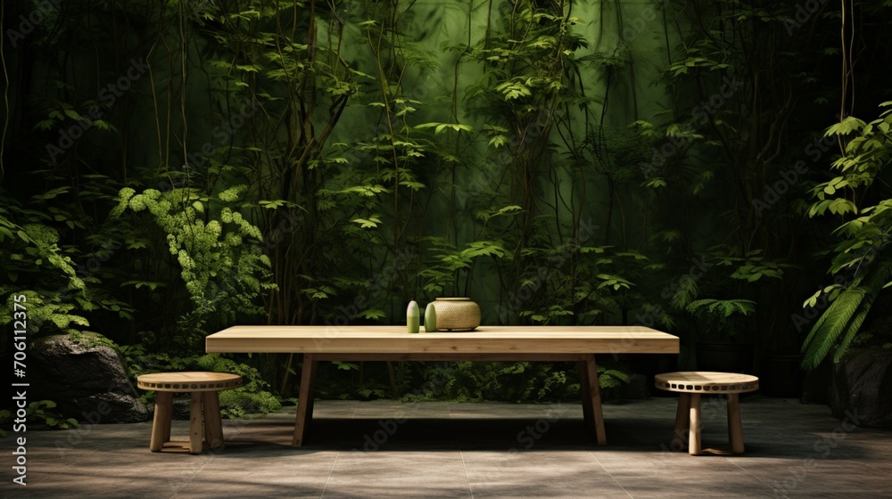 A minimalist wooden table set against a backdrop of lush green foliage, where simplicity and nature harmoniously blend, creating a calming atmosphere.
