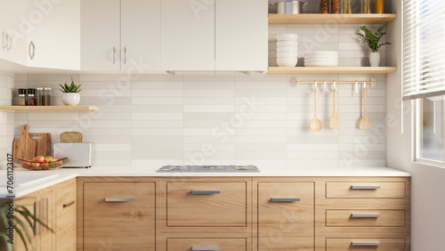 A beautiful modern Scandinavian kitchen with minimal classic wood kitchen cabinet, white tiles wall photo