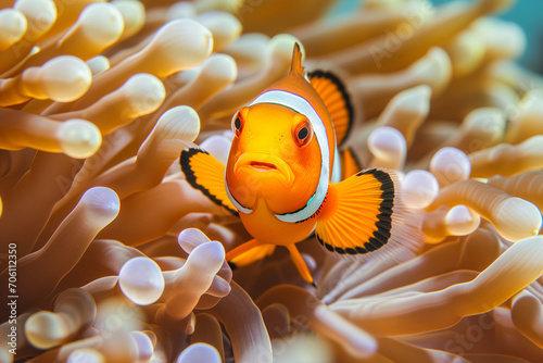A bright orange clownfish with distinctive white stripes peeks out from its anemone home 