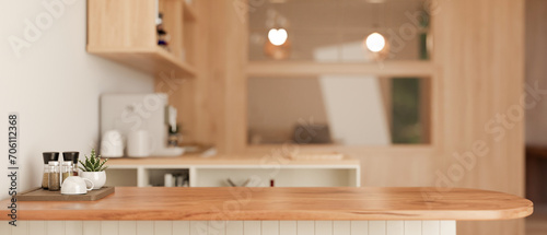 Copy space on a wooden kitchen countertop in a minimalist Scandinavian kitchen.