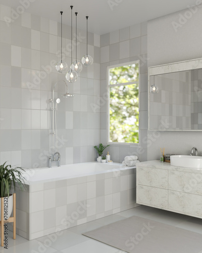 Interior design of a modern  luxury bathroom with a marble vanity sink and a bathtub.