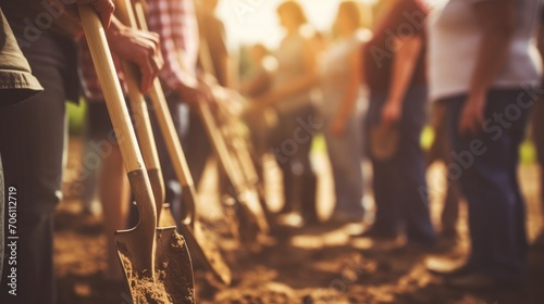 Closeup of a group of hands holding shovels and trowels, showcasing teamwork in a community service project.