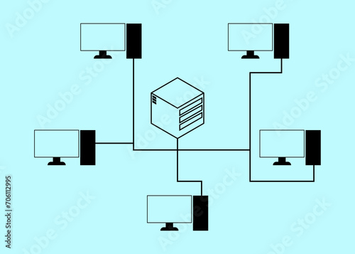 Computers connected with server on light blue background, illustration. Multi-user system © New Africa