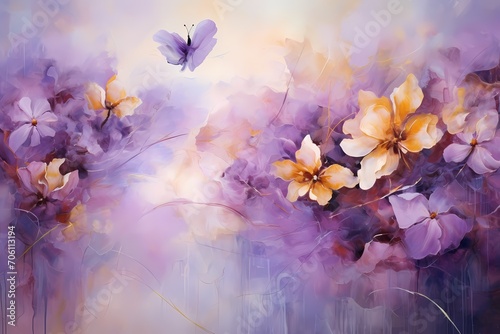 Radiant bursts of lavender and marigold splash across the canvas, narrating a tale of abstract exuberance.