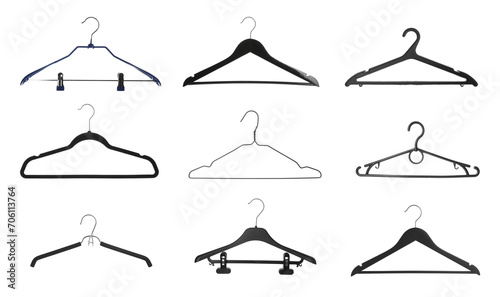 Different empty hangers isolated on white, set