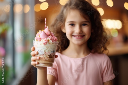 Delighted girl in pink with a scrumptious parfait, decorated with flowers and a macaron, in a cozy café atmosphere.