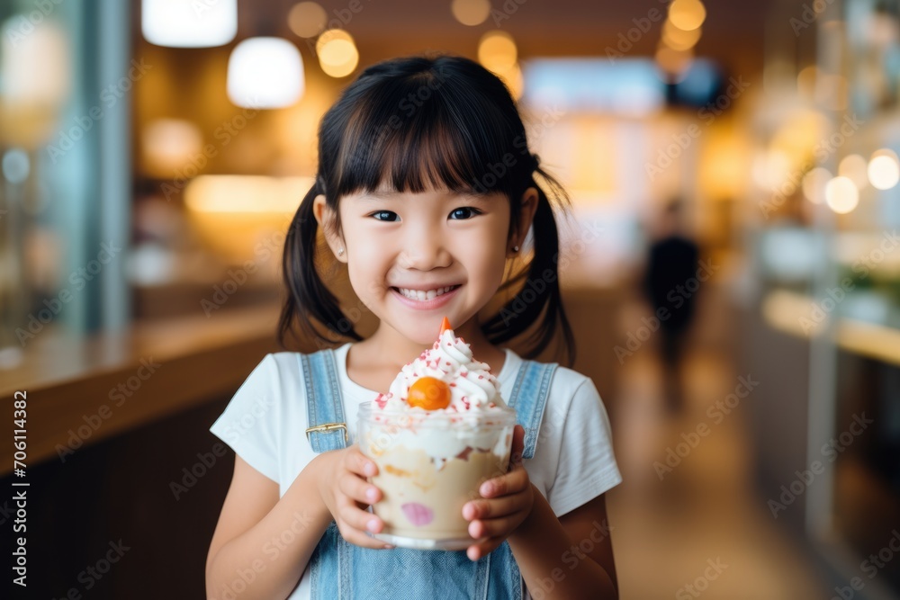 Joyful little girl with a vibrant dessert, her bright eyes reflecting the sweetness of a perfect treat.