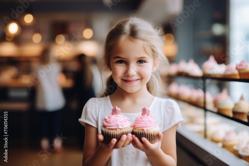 Smiling little girl with two pink frosted cupcakes  delight in her eyes  in a bakery setting.