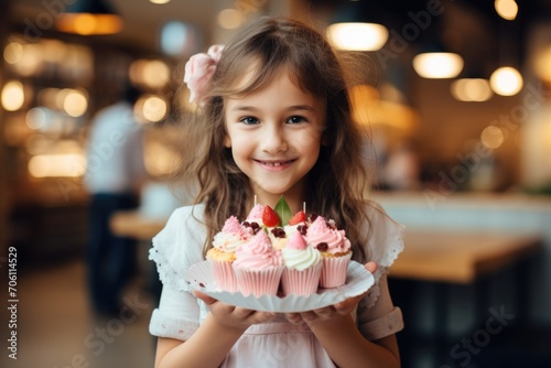 Joyful girl with curly hair  offering cupcakes with pink frosting and berries  cozy caf   background.