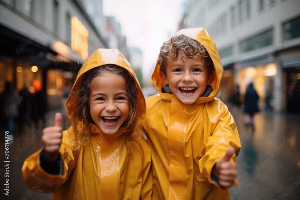 Two joyful children boy and girl in yellow raincoats laughing in the rain, embodying the happiness and carefree spirit of childhood. Two joyful children boy and girl in yellow raincoats laughing in the rain, embodying the happiness and carefree spirit of childhood.