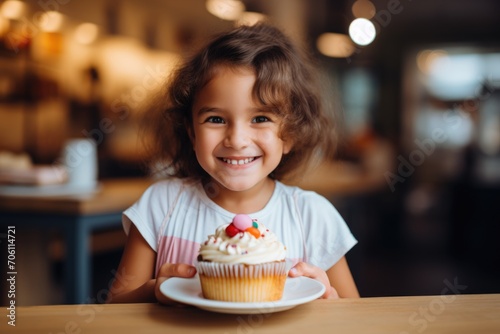 Radiant young girl presenting a frosted cupcake with colorful sprinkles  bright-eyed with a joyful smile