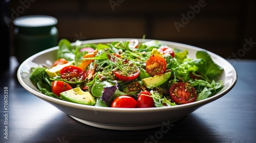 A mouthwatering salad bursting with vibrant greens, topped with ripe tomatoes and tangy dressing.