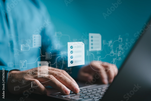 Document Management System, DMS. Arranged file folders and cloud server icons. Online storage backup application on a computer laptop, software for archiving, searching, and managing files and data.