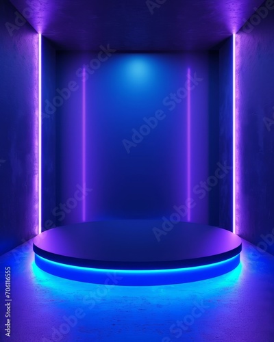 3d blue cylinder pedestal podium in blue abstract room with illuminate horizontal neon lamp