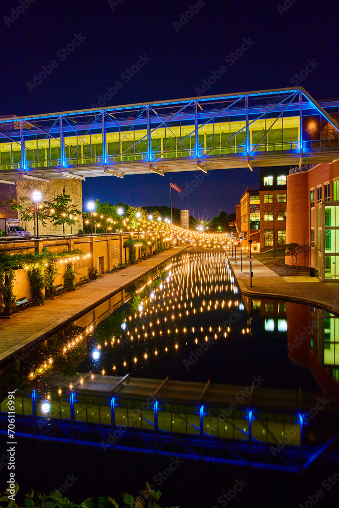 Indianapolis Urban Nightscape Illuminated Pedestrian Bridge and Canal Reflections