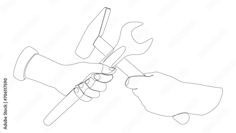 One continuous line of Hammer and Wrench. Thin Line work tools Illustration vector concept. Contour Drawing Creative ideas. One continuous line of Hammer and Wrench. Thin Line work tools Illustration vector concept. Contour Drawing Creative ideas.
