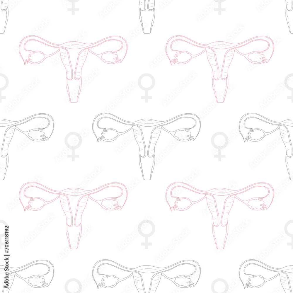 Seamless pattern with wombs and female symbol in outline drawing style.