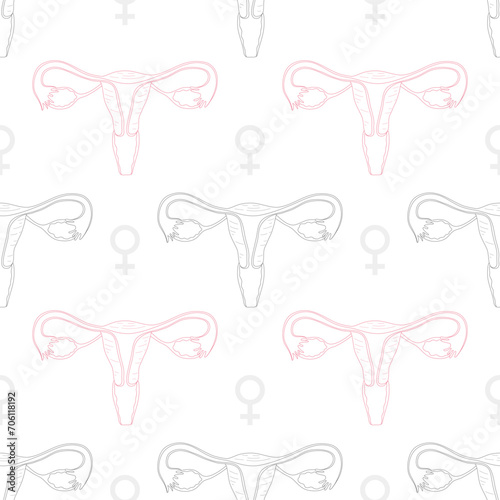 Seamless pattern with wombs and female symbol in outline drawing style.