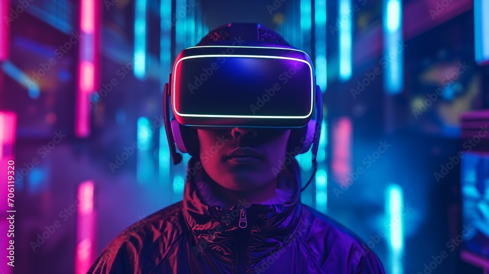 A young man with VR headset playing Games and entertainment and digital technology metaverse of the future, a young creative man wearing a virtual reality headset, Generative AI
A young man with VR headset playing Games and entertainment and digital technology metaverse of the future, a young creative man wearing a virtual reality headset, Generative AI