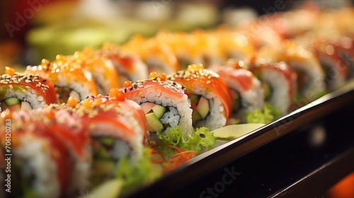 Closeup of a tray of sushi rolls, each one perfectly wrapped and filled with fresh fish and vegetables.